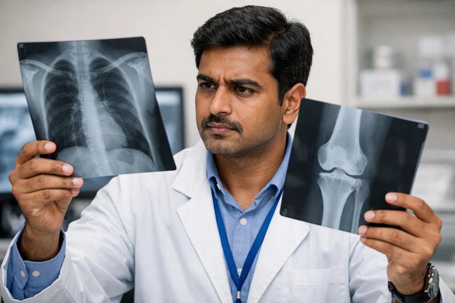 a lab doctor checking two xray reports
