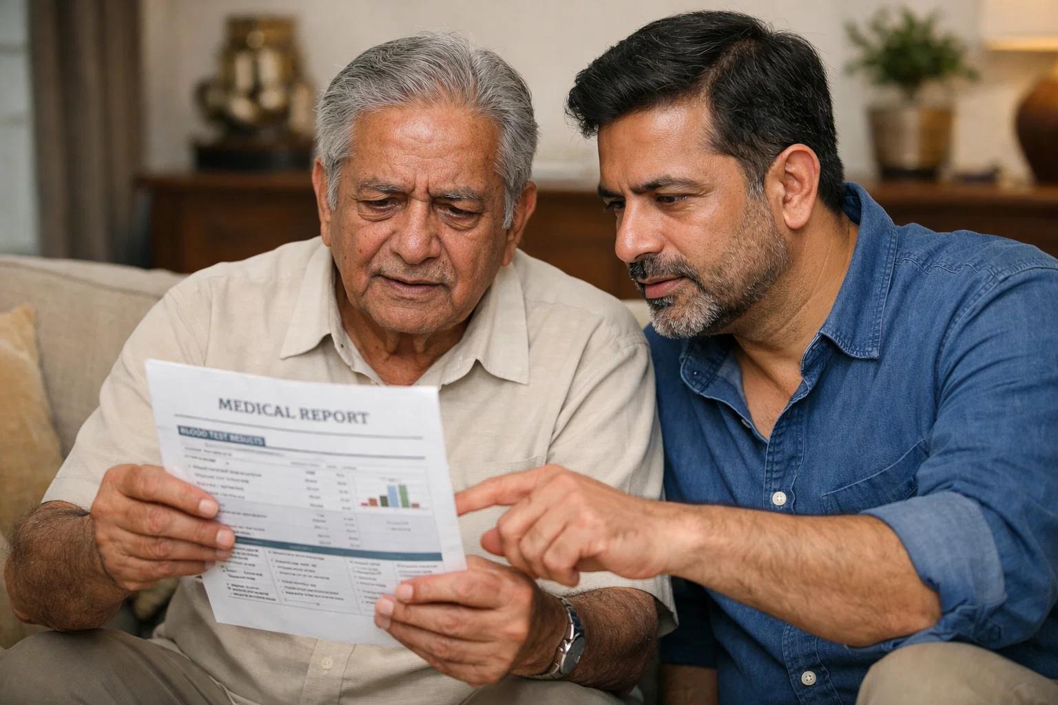 a father and son discussing the medical report readings