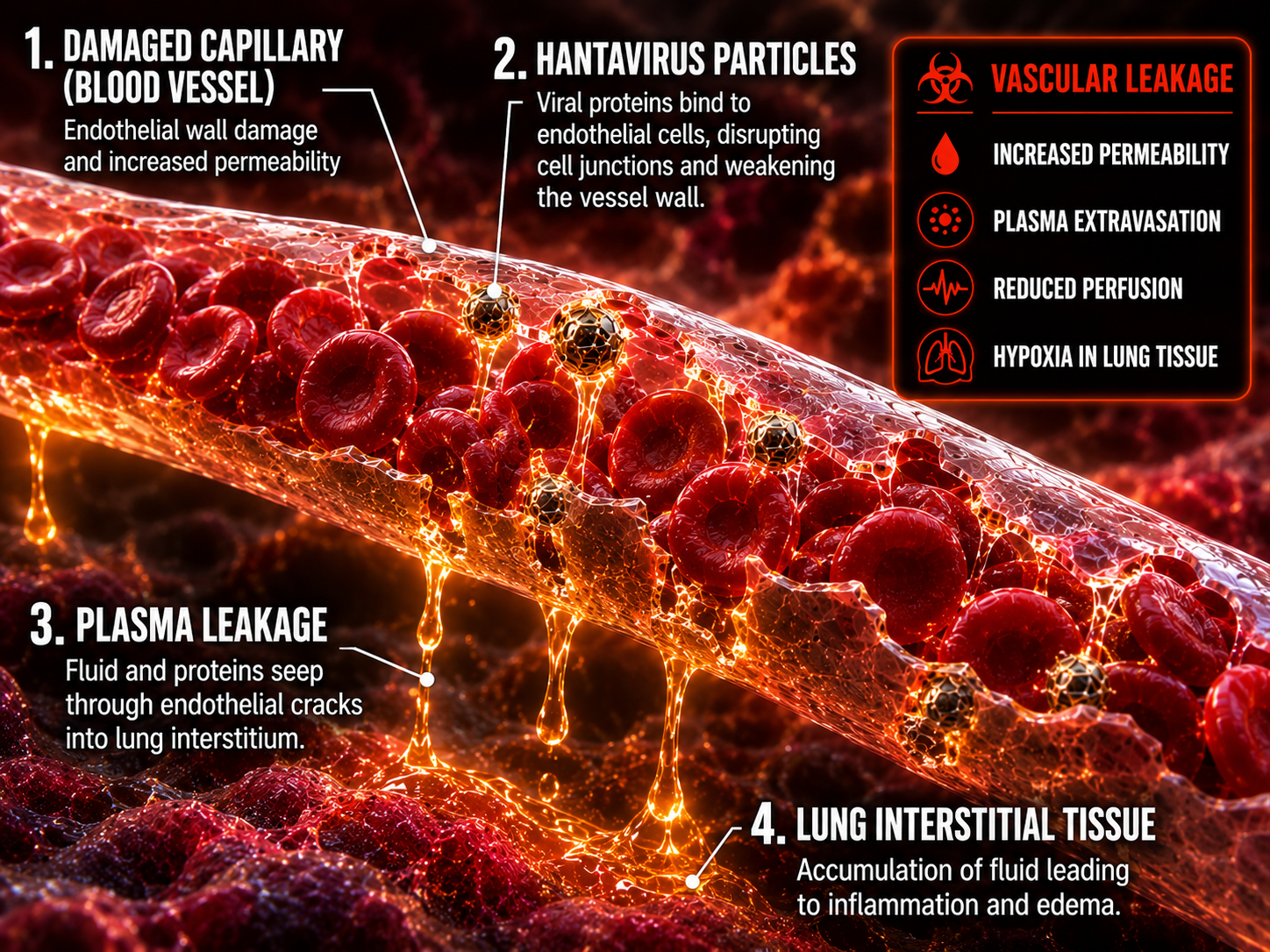 3D medical illustration of a damaged human blood capillary showing plasma leakage through microscopic cracks caused by hantavirus particles. Red blood cells flow inside a translucent vessel while glowing amber fluid leaks into surrounding lung tissue, with labeled annotations explaining vascular leakage and endothelial damage.