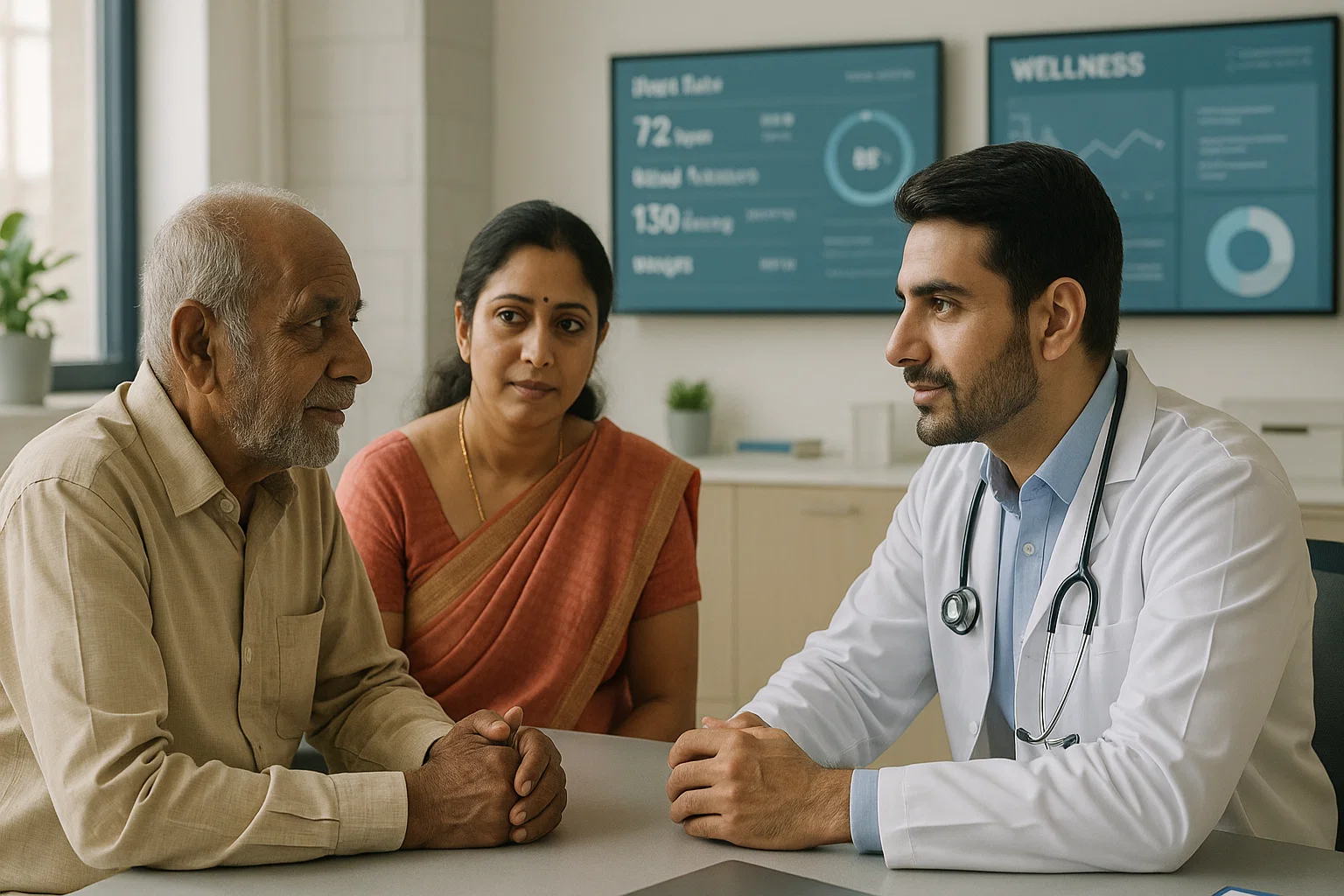 A doctor converses with an Indian man and woman in a medical office setting, discussing health concerns.
