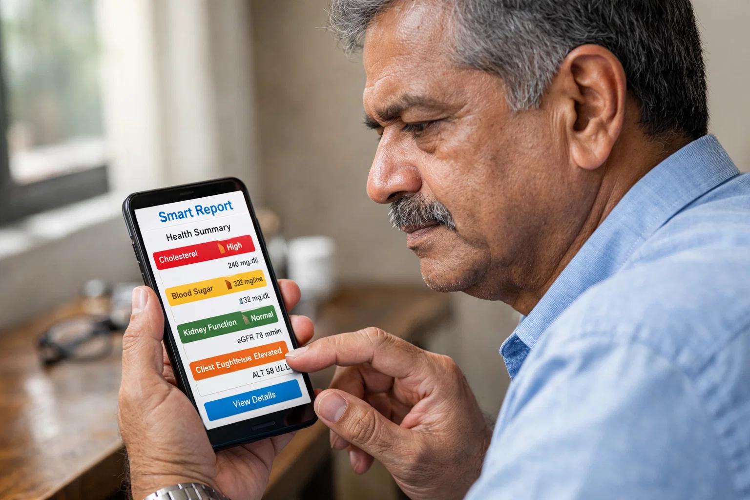 an indian grandpa checking his mobile phone for smart reports