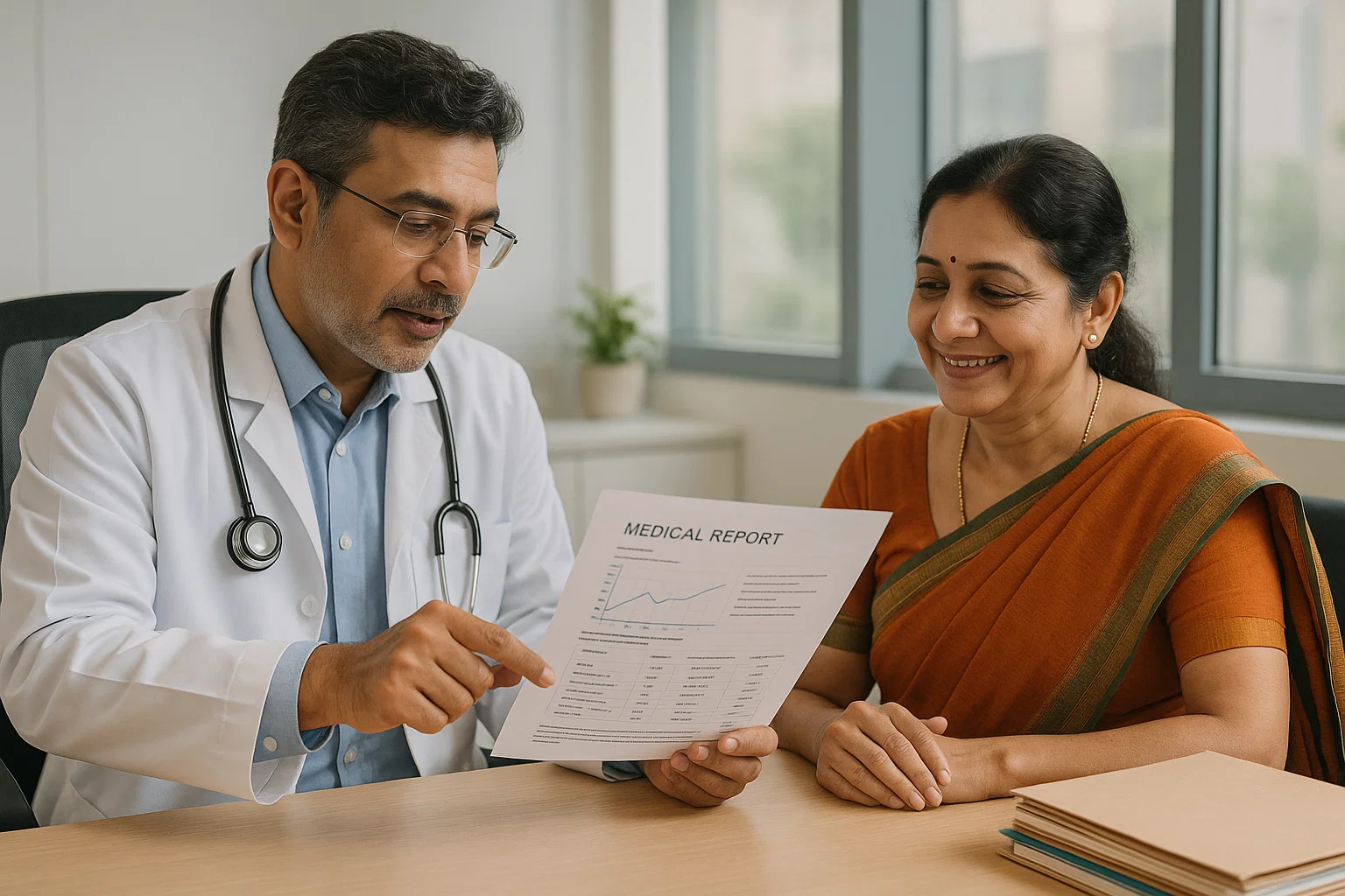 A doctor converses with a patient in a medical office, discussing health concerns in a professional setting.