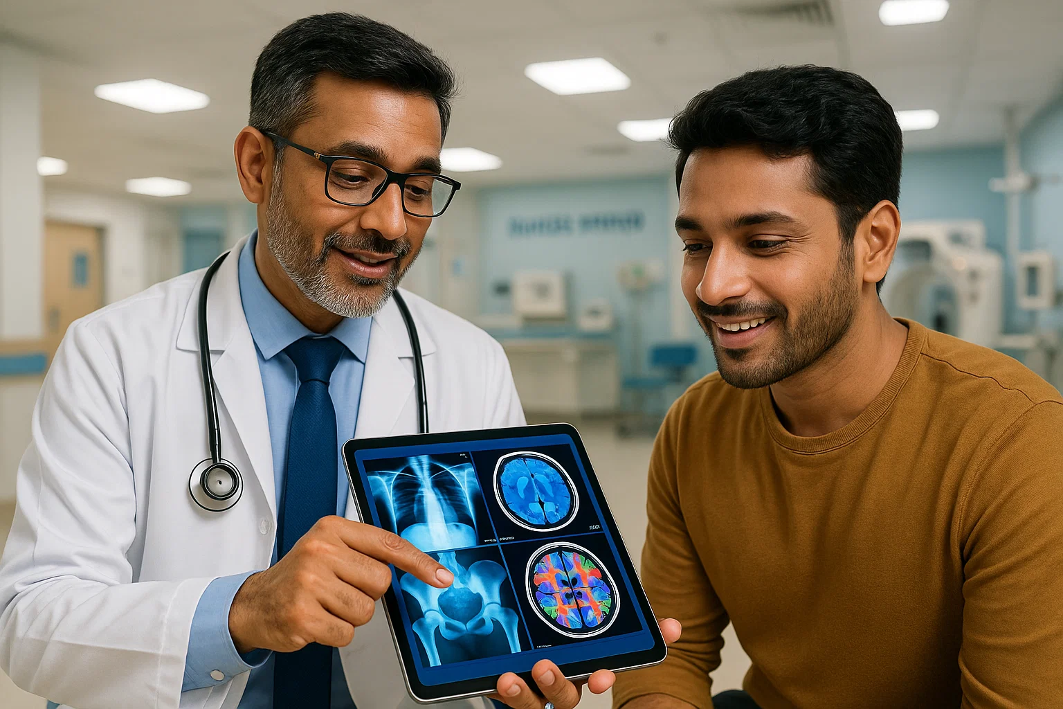 A male doctor examines an x-ray image while discussing it with a patient in a medical office.