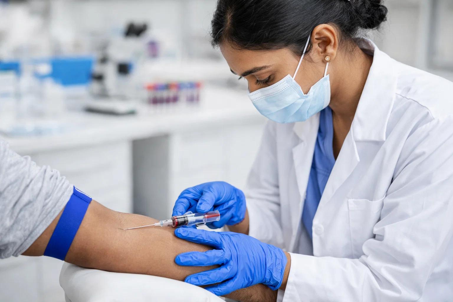 lab technician taking blood from a patient