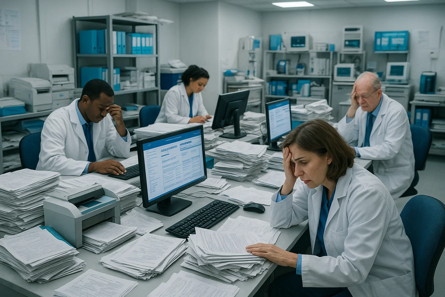 A group of individuals in lab coats collaborating on computers in a laboratory setting.