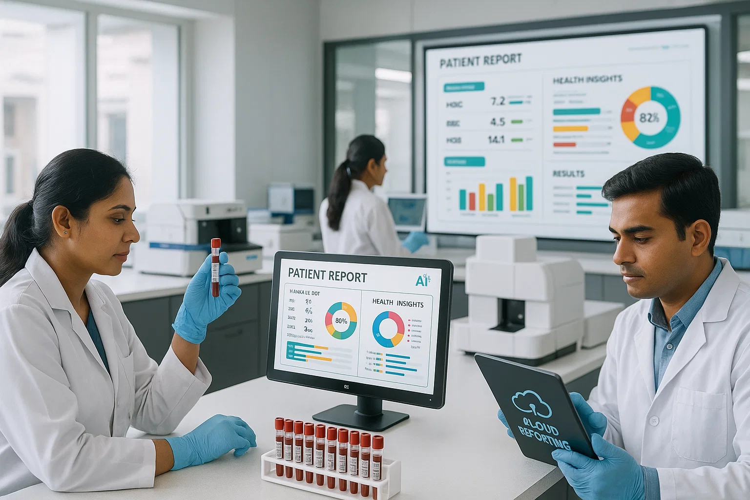 Two individuals in lab coats examining data on a computer screen in a laboratory setting.