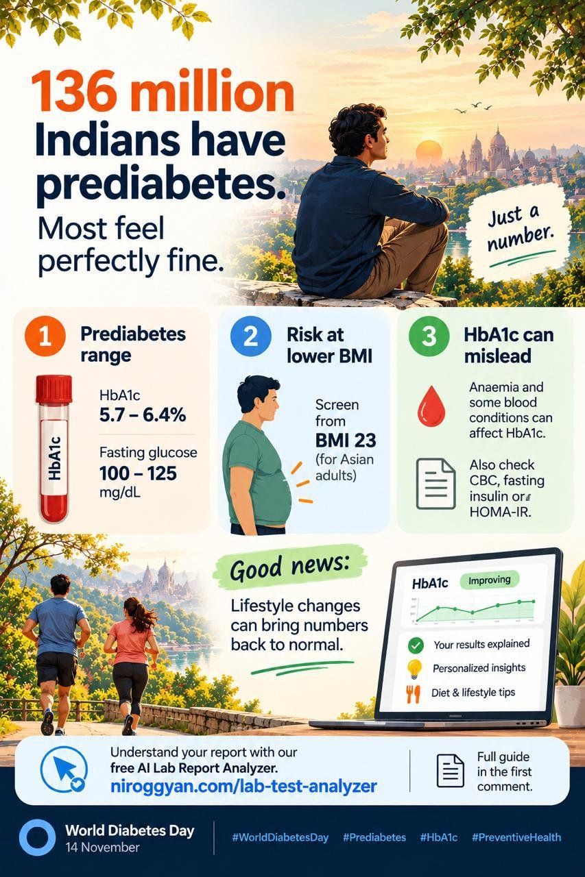 136 million Indians have prediabetes. Most feel perfectly fine. Infographic: prediabetes range HbA1c 5.7 to 6.4% and fasting glucose 100 to 125 mg/dL, risk at lower BMI (screen from BMI 23 for Asian adults), HbA1c can mislead in anaemia, and lifestyle changes can bring numbers back to normal. World Diabetes Day, 14 November