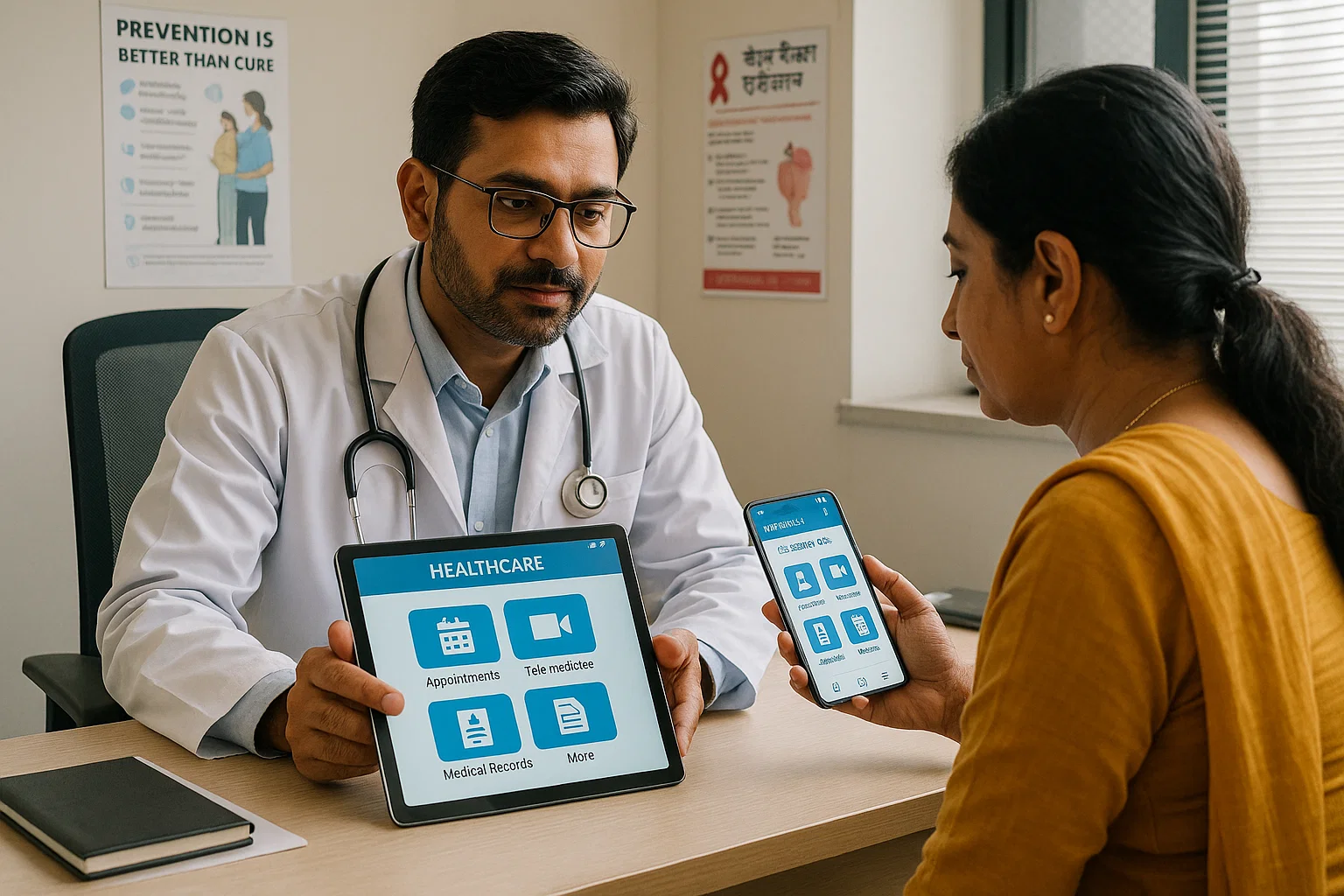 A doctor and patient review medical records together on a tablet in a clinical setting.