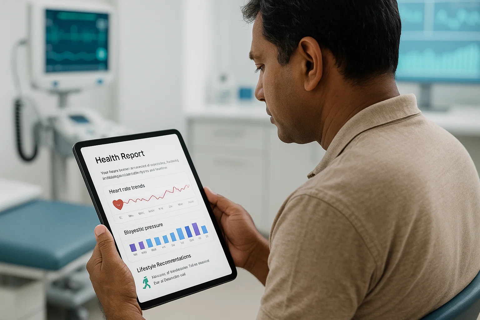 Man in a hospital using a digital health app on his smartphone, focused on the screen for health management.