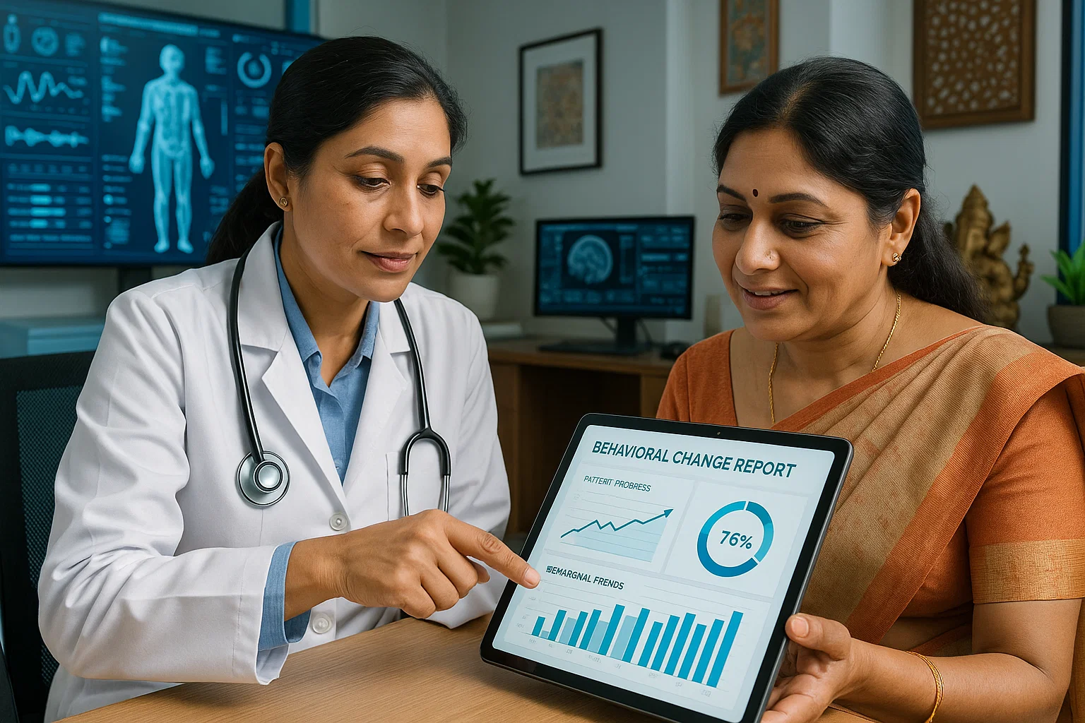 A woman and a doctor examine a tablet displaying various graphs and data together in a clinical setting.