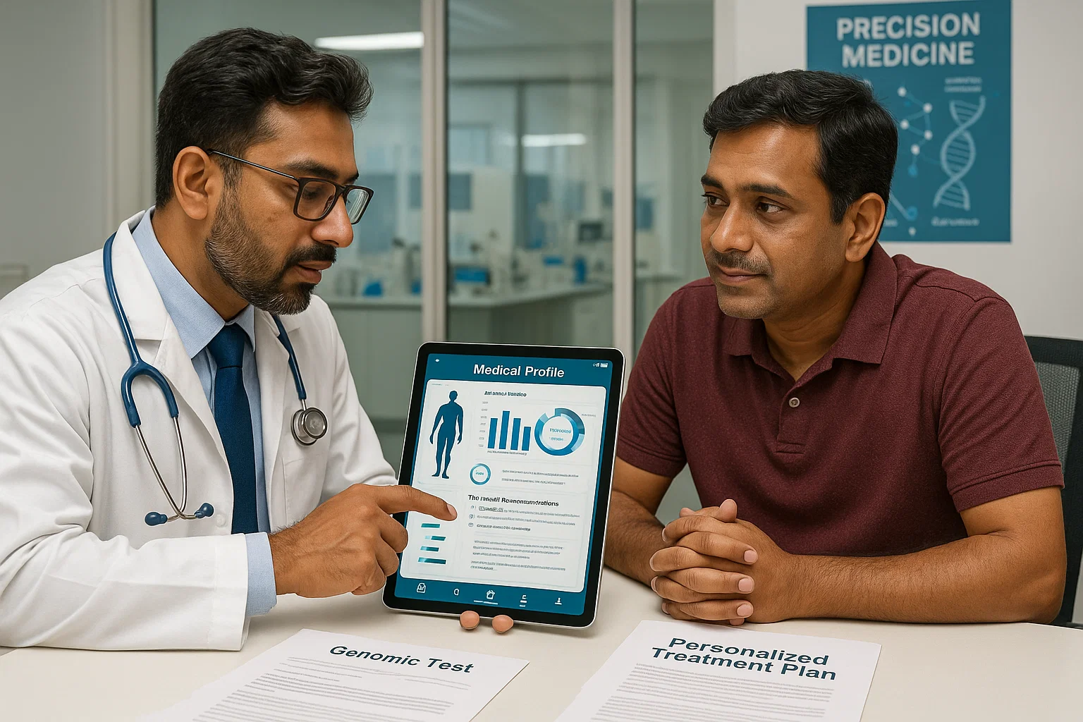Two doctors examining a tablet displaying a graph, engaged in a discussion about the data presented.