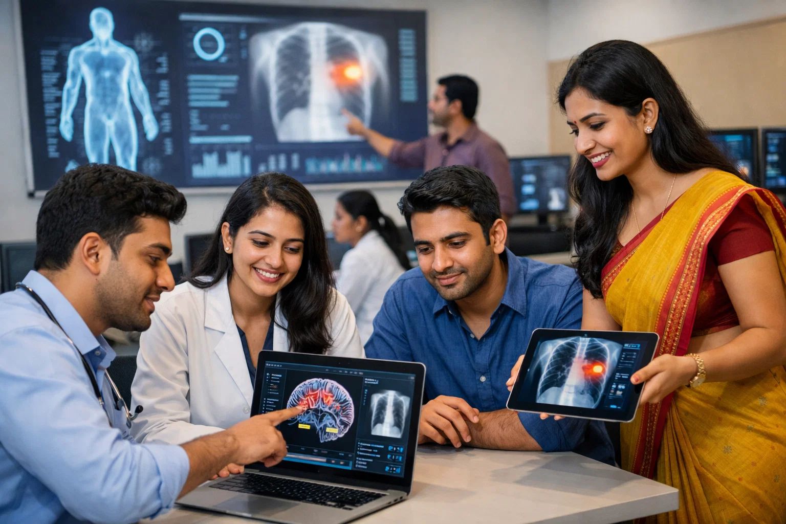 A medical team is collaboratively reviewing AI-powered brain and chest scan imaging on a laptop and tablet in a high-tech diagnostic center.