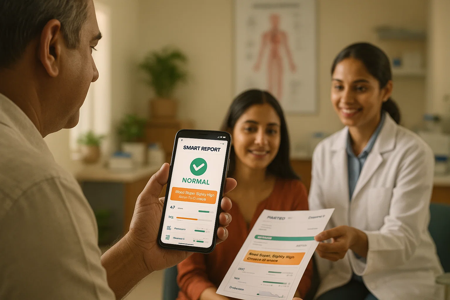 A doctor holds a smartphone displaying a video call with a patient, emphasizing telemedicine communication.