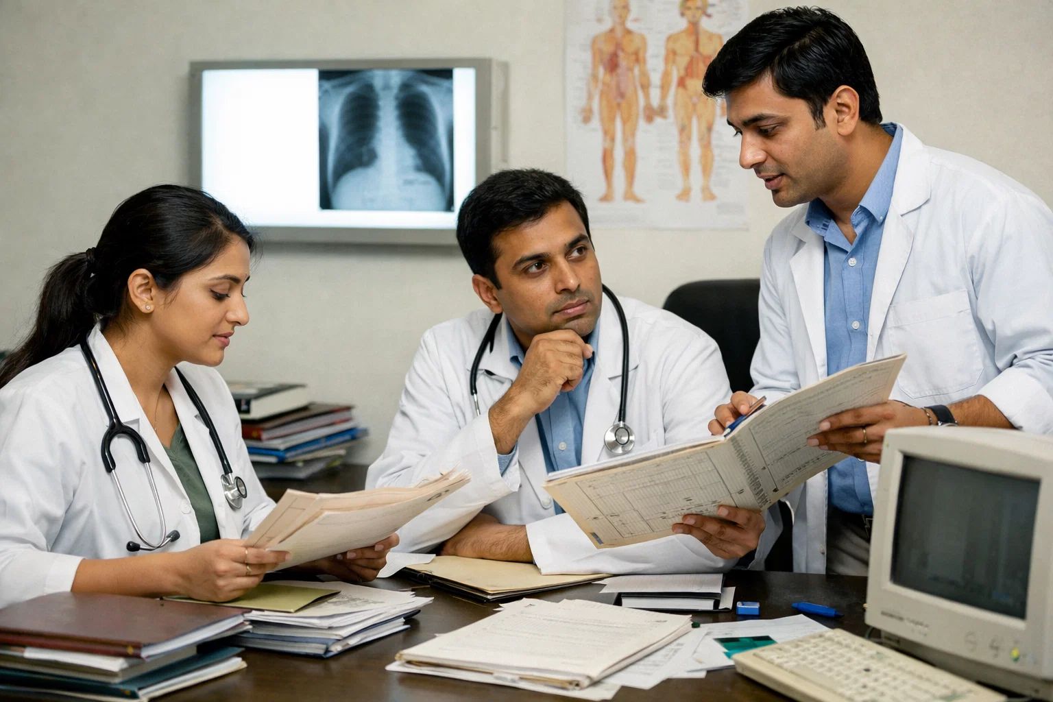 Doctors are reviewing patient reports manually, relying on paperwork and discussions to interpret data. This highlights how traditional reporting methods are time-consuming, error-prone, and lack real-time efficiency.