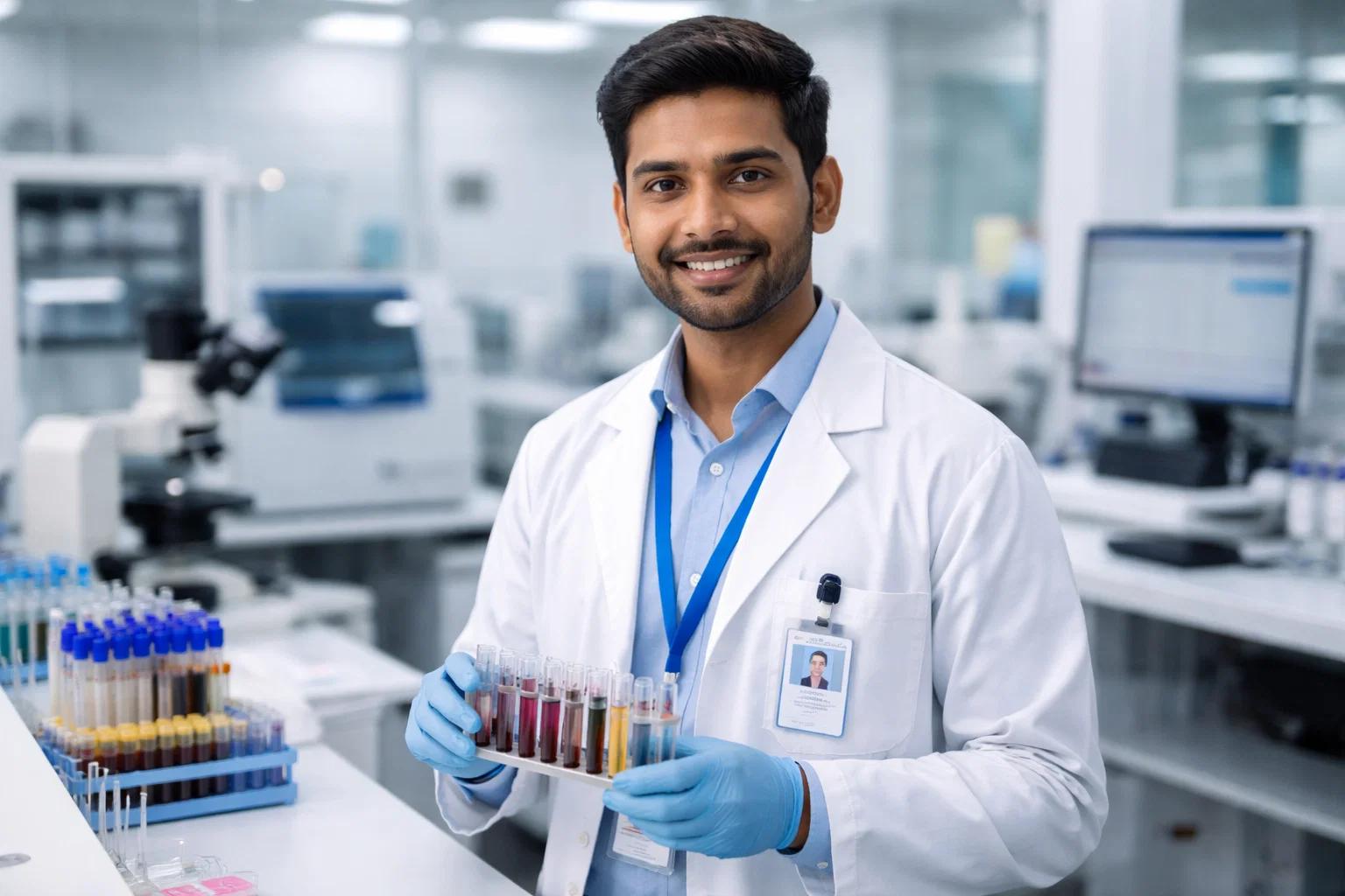 an indian lab technician in a diagnostic centre