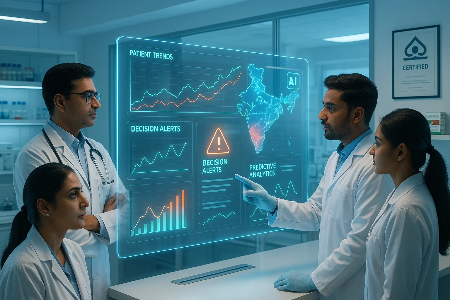 A group of doctors analyzing data on a screen displaying various graphs and charts.
