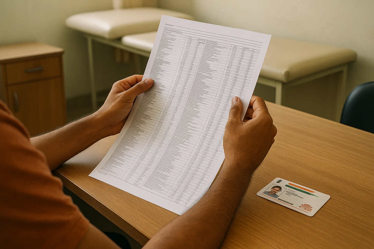 Man focused on reading a medical report, seated at a desk with papers and a pen nearby.