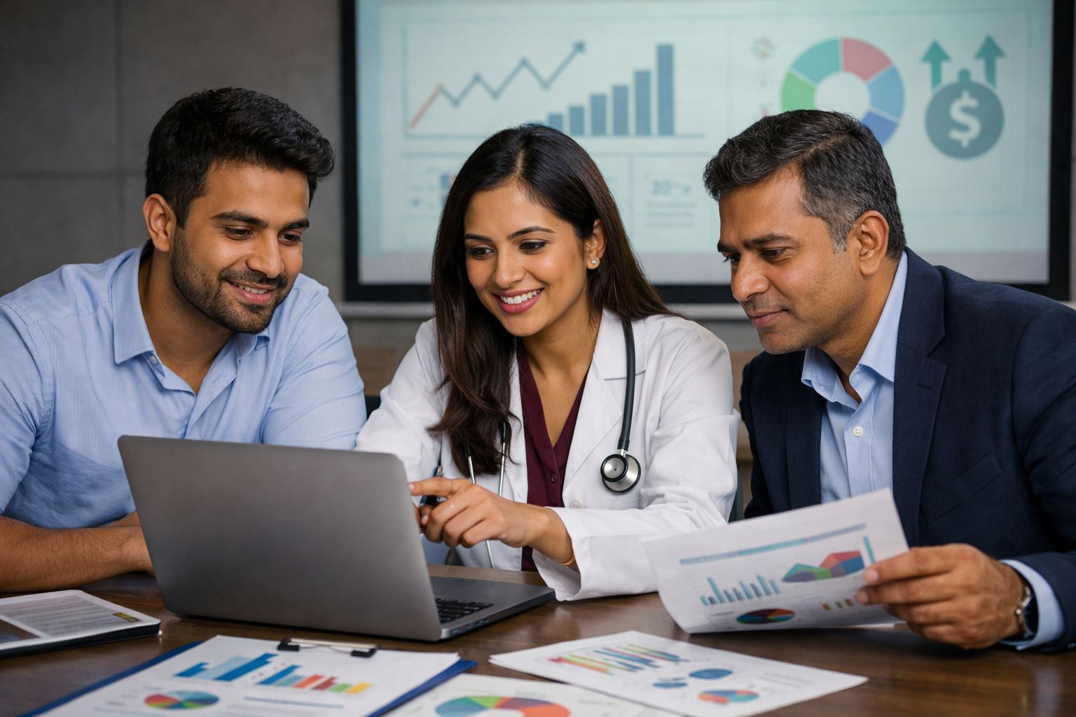 A doctor and two professionals review financial data and charts on a laptop in a business meeting.