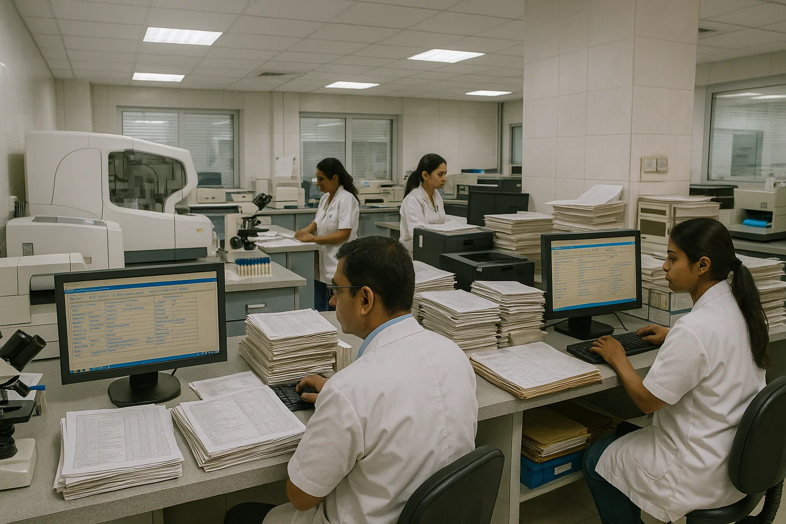 A diverse group of scientists collaborating in a laboratory, surrounded by equipment and research materials.