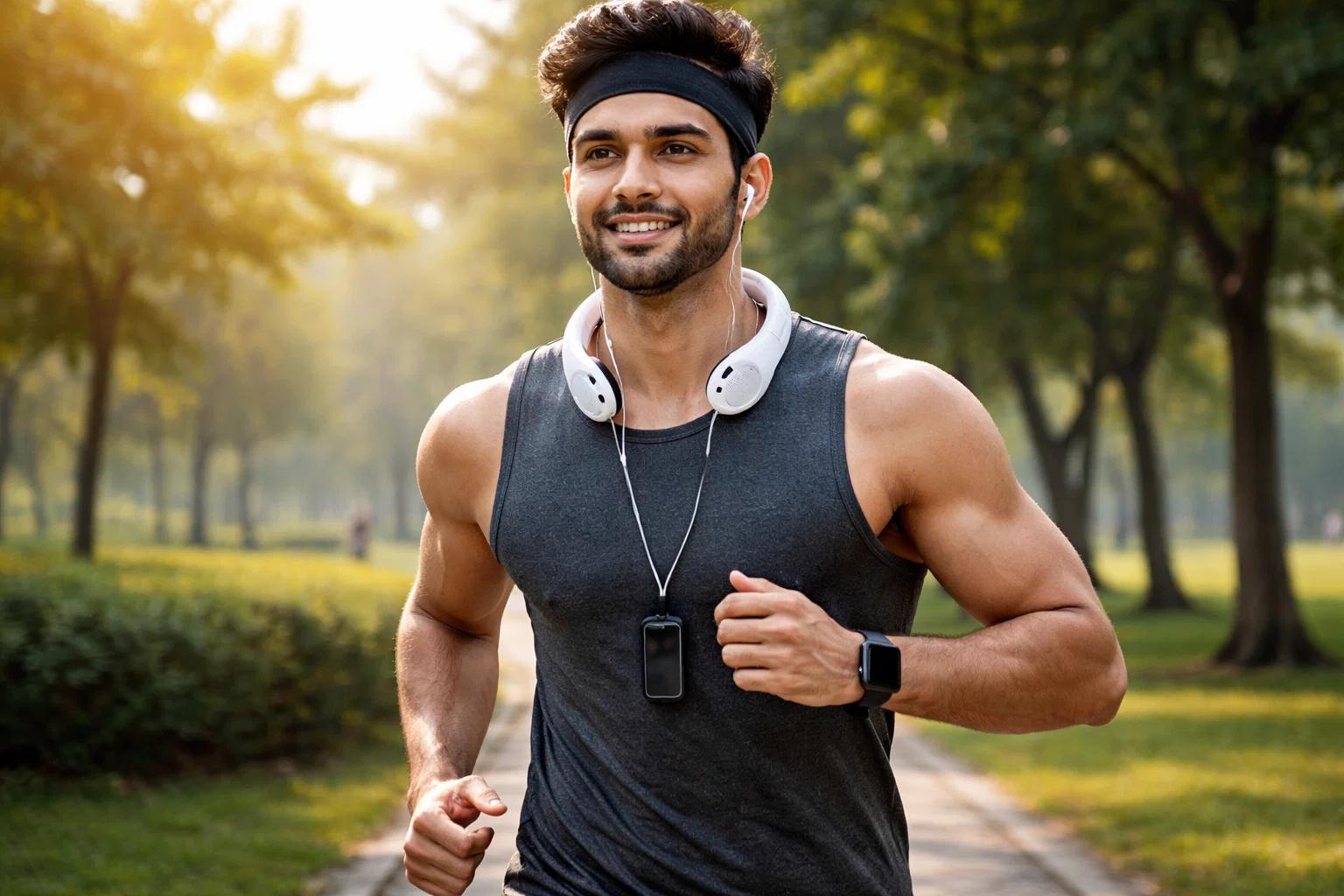 an indian male jogging in a park