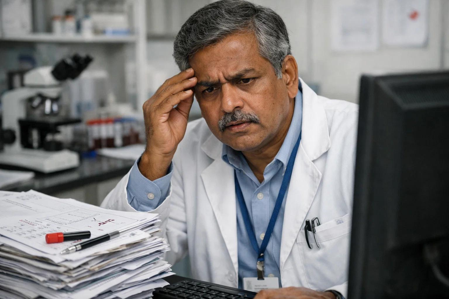 an indian lab technician looking confused