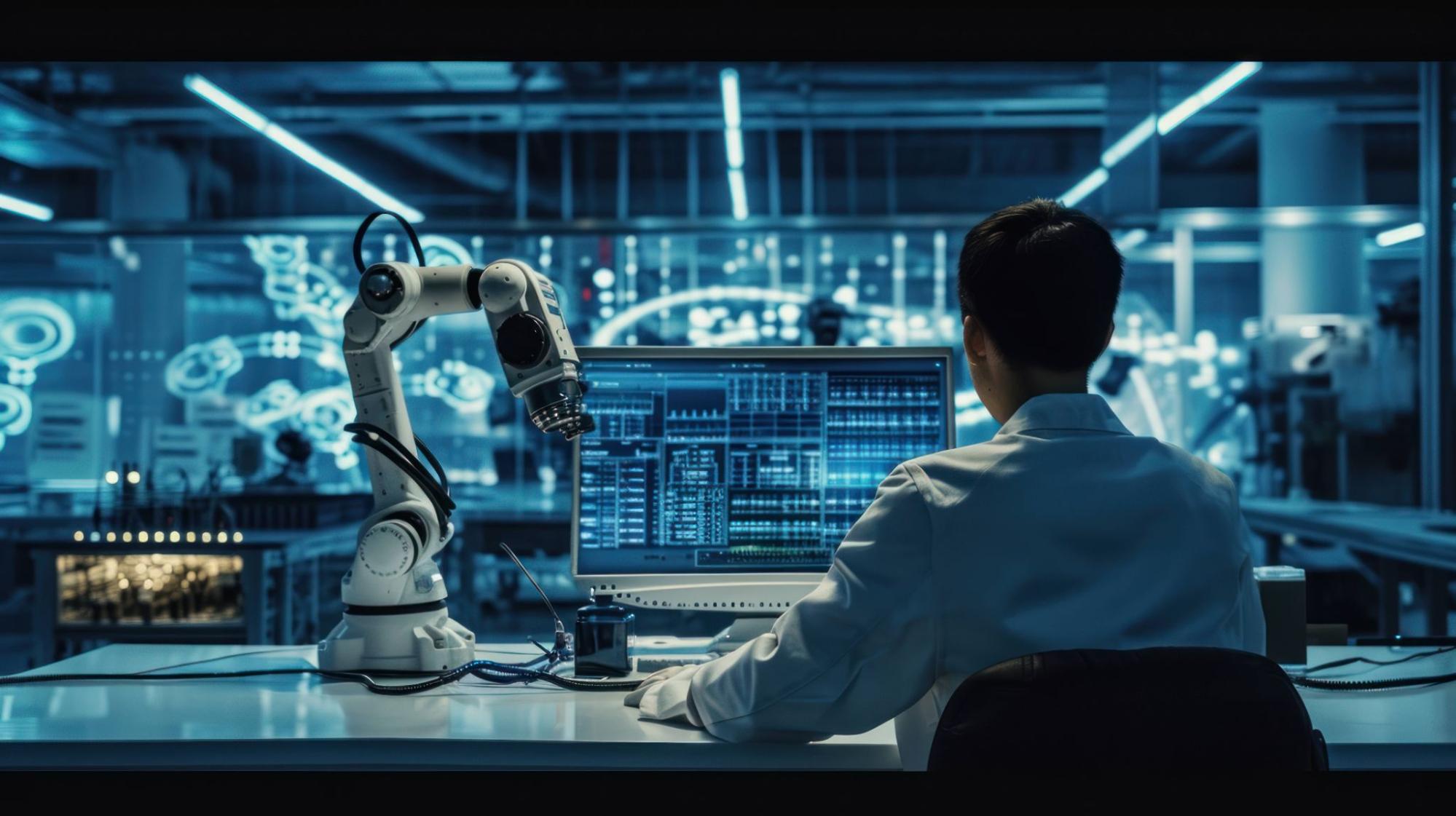 A man sits at a desk, focused on a computer screen displaying a robot.