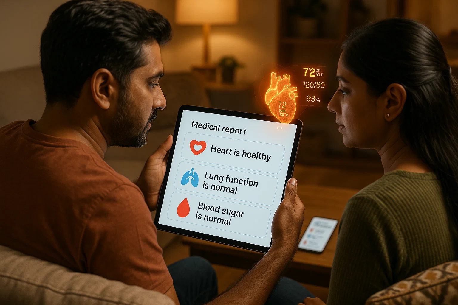 A man and woman are engaged with a tablet showing medical report details.