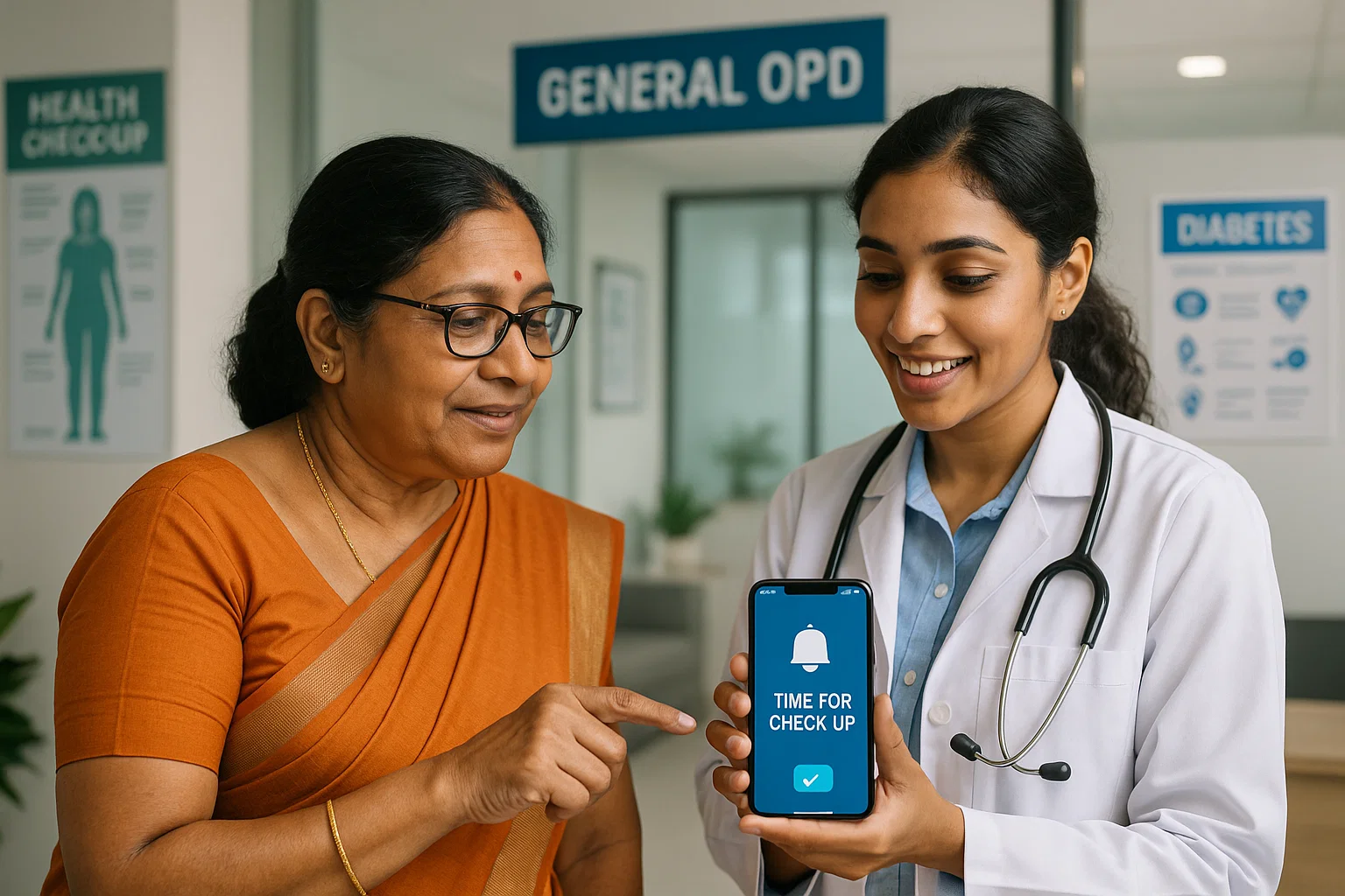 A woman in a doctor's coat and another in a white coat are examining a smartphone together.