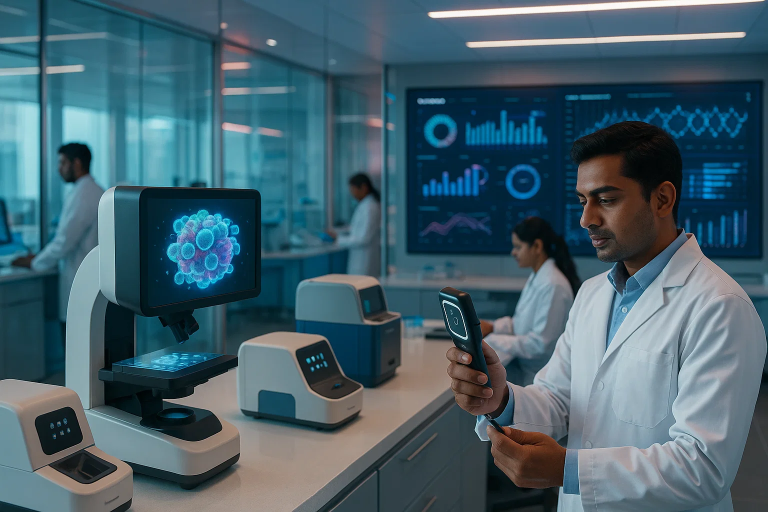A man in a lab coat examines a tablet computer, focused on the screen's content.