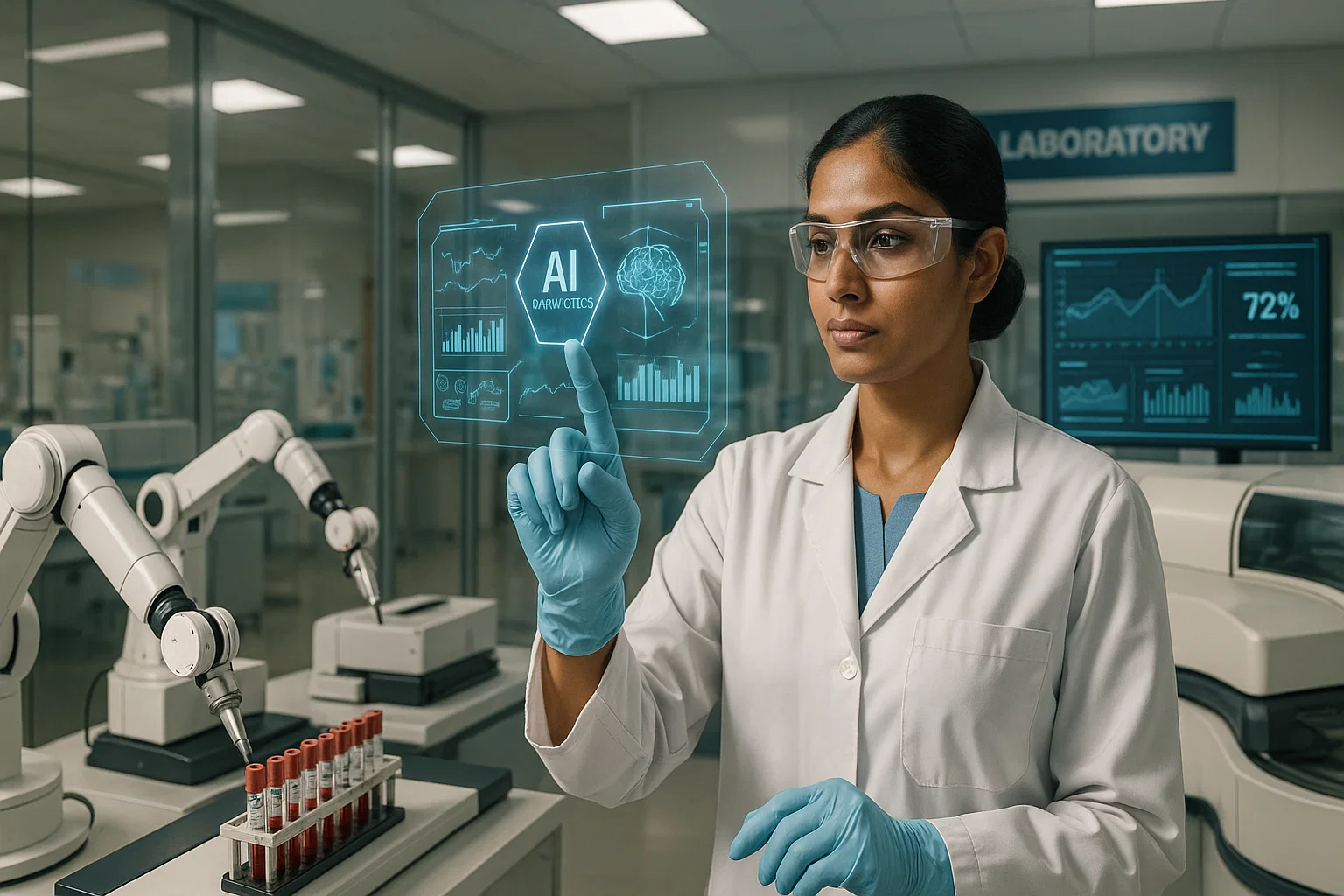 A woman in a lab coat holds a digital screen, displaying data in a laboratory setting.