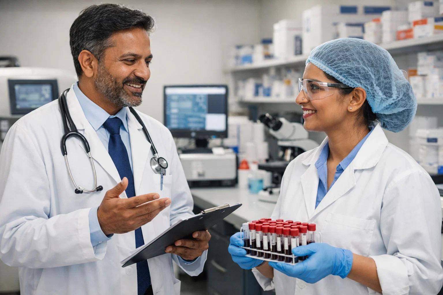 indian doctor and lab technician communicating