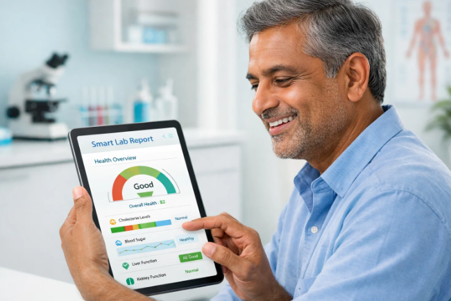 The picture shows the patient is understanding about his smart lab reports