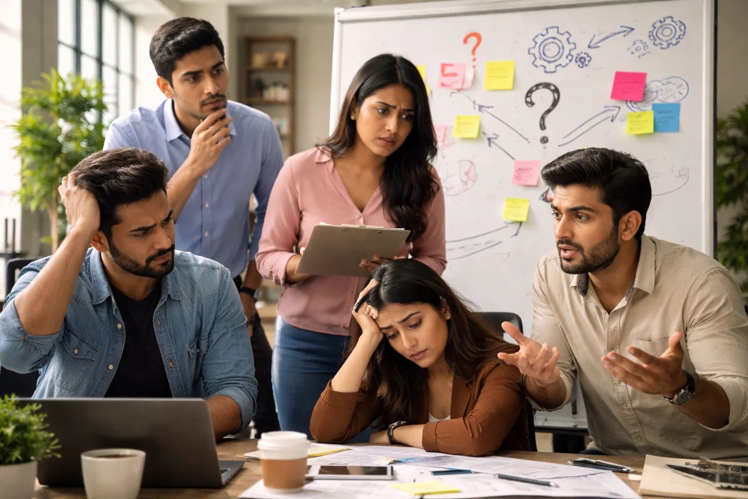 A stressed team of professionals struggles to solve a complex problem during a tense brainstorming session in a office.