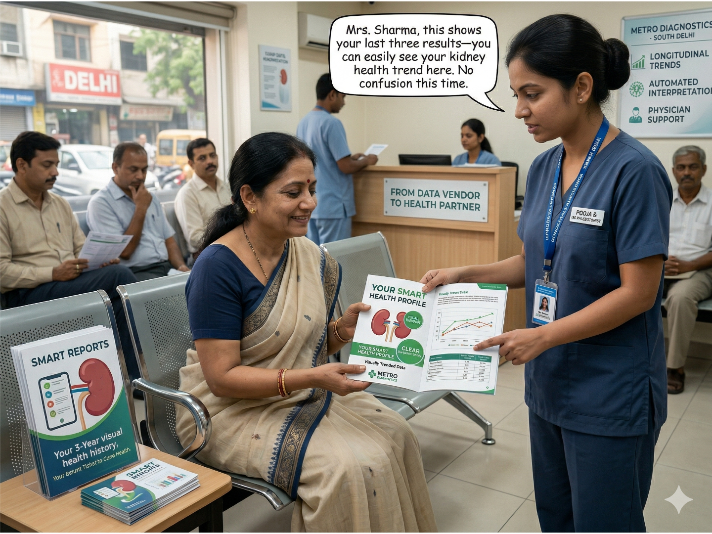 Happy patient reviewing a NirogGyan smart medical report with a lab professional in a modern Indian diagnostic center. Visual health trends and automated clinical correlation help improve patient retention and reduce operational friction in hospitals.