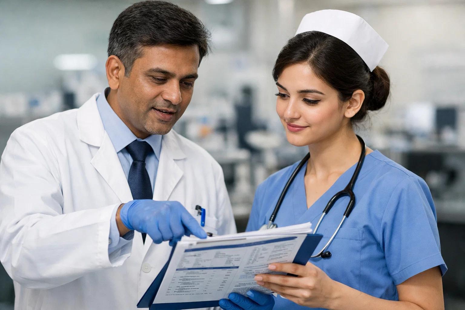 a doctor explaining the patient records to nurse
