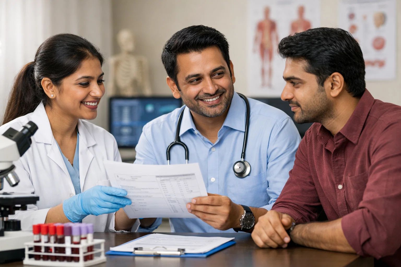 Two doctors smiling while reviewing a medical report with a patient in a clinic setting.