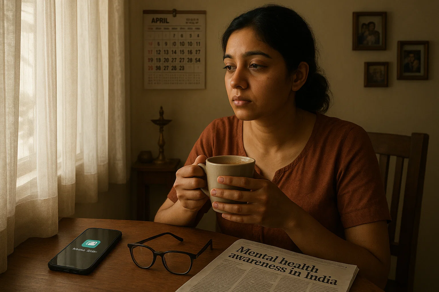 A woman sits at a table, enjoying a cup of coffee while reading a newspaper.