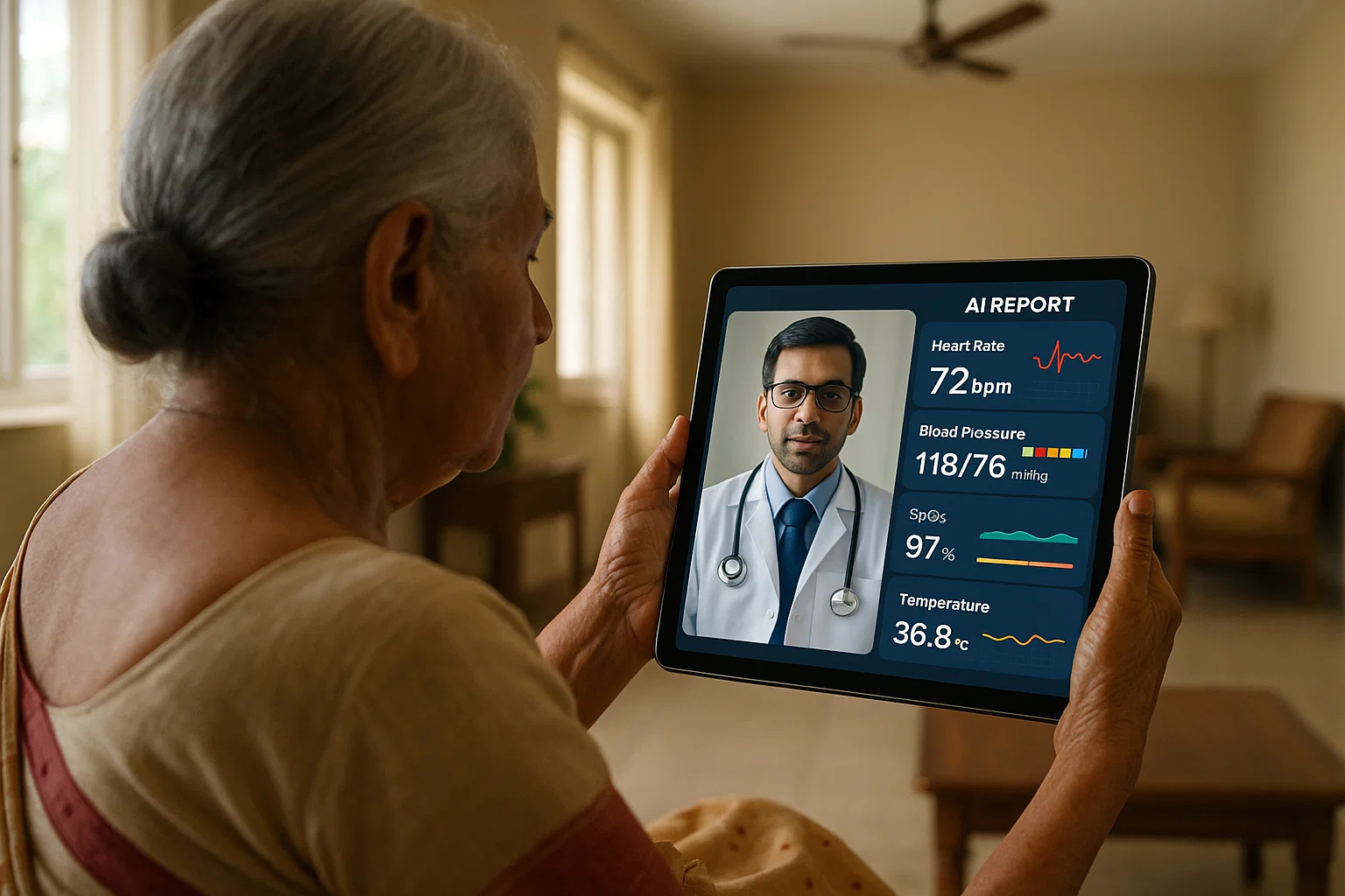 An elderly woman holds a tablet displaying a doctor's image, smiling as she engages with the virtual consultation.