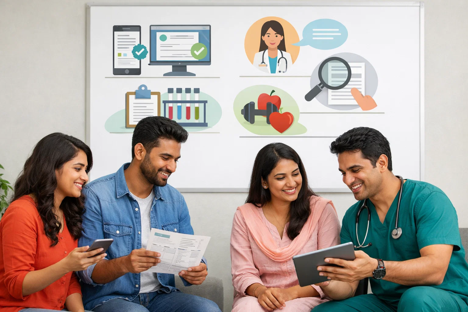 A doctor happily showing medical results on a tablet to a smiling couple during a consultation.