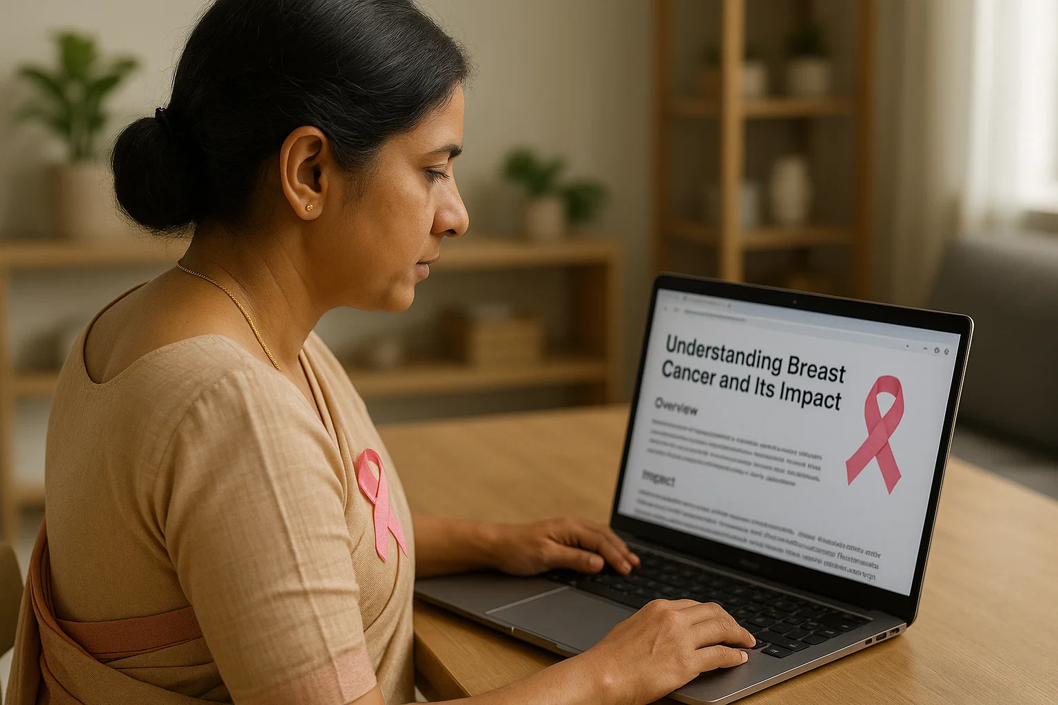 Woman with breast cancer working on a laptop, focused and engaged in her tasks.