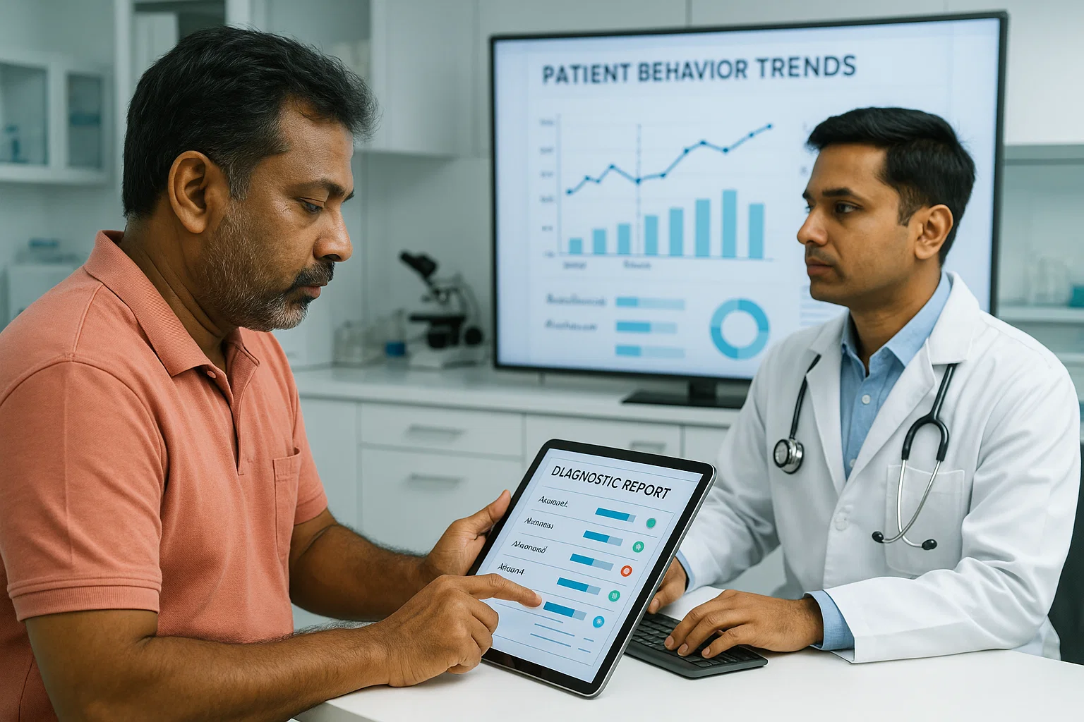 Patient and doctor in an office, reviewing information together on a tablet PC.