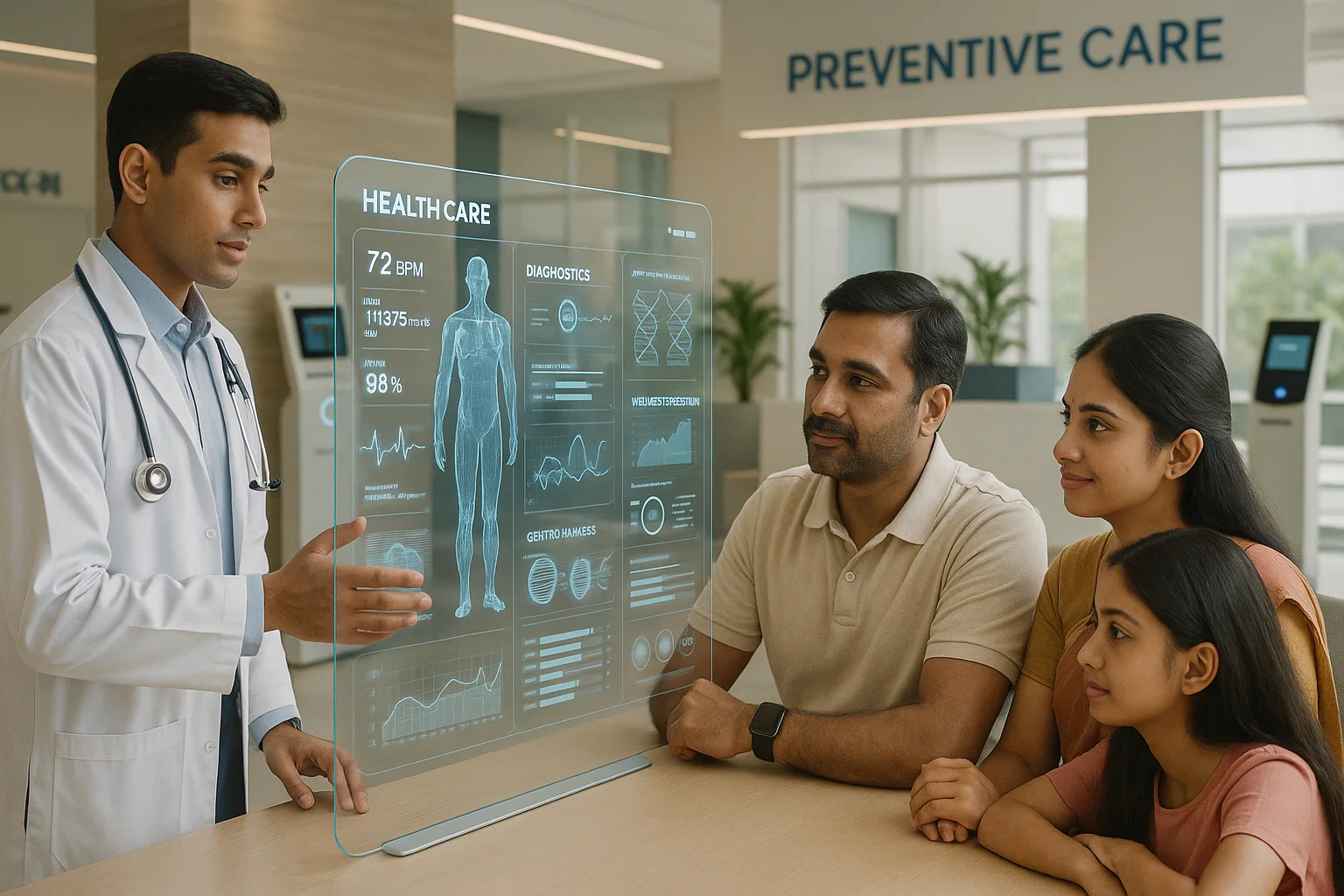 A doctor discusses health concerns with a family in a hospital setting, conveying important information and support.