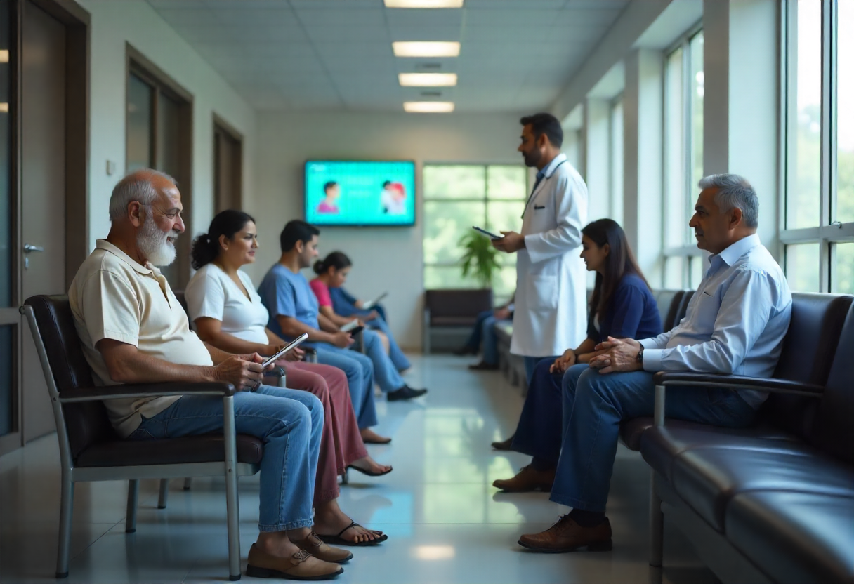 A diverse group of people seated in a waiting room, engaged in conversation and looking at their phones.