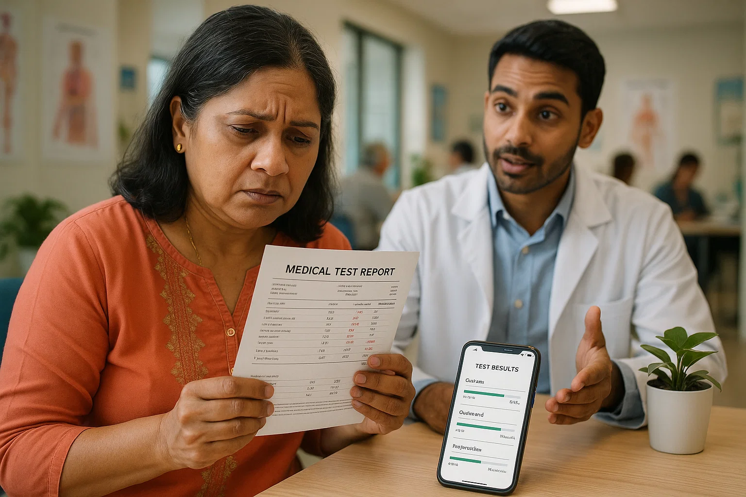 A doctor and patient reviewing a medical report together in a clinical setting.