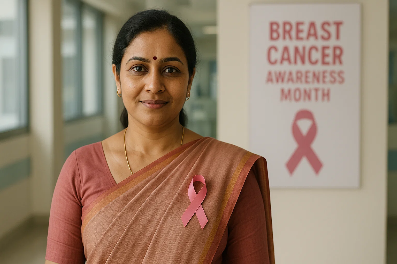A woman in a sari stands beside a sign promoting breast cancer awareness, emphasizing the importance of early detection.