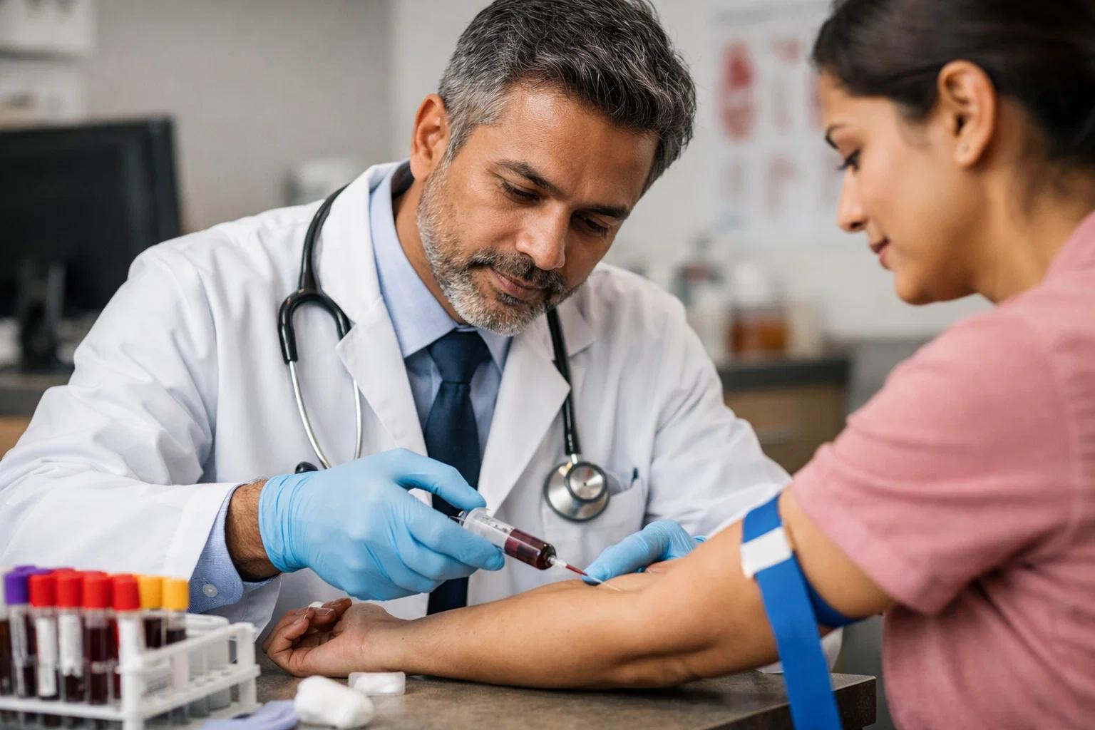 doctor taking blood samples from patient