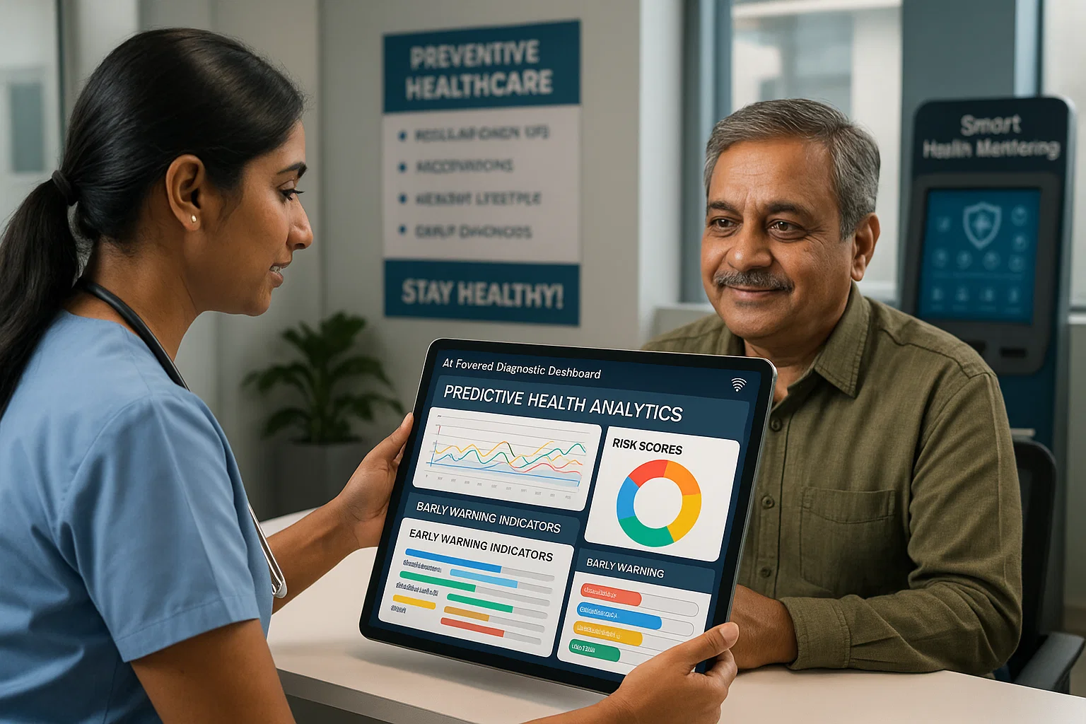 A nurse and a doctor are reviewing information together on a tablet in a clinical setting.