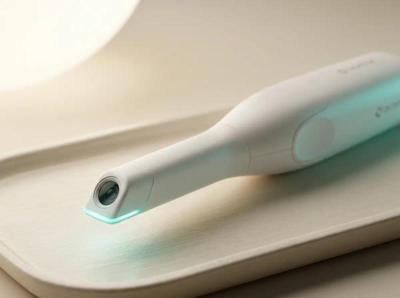 An intraoral scanner resting on a pale tray under warm light