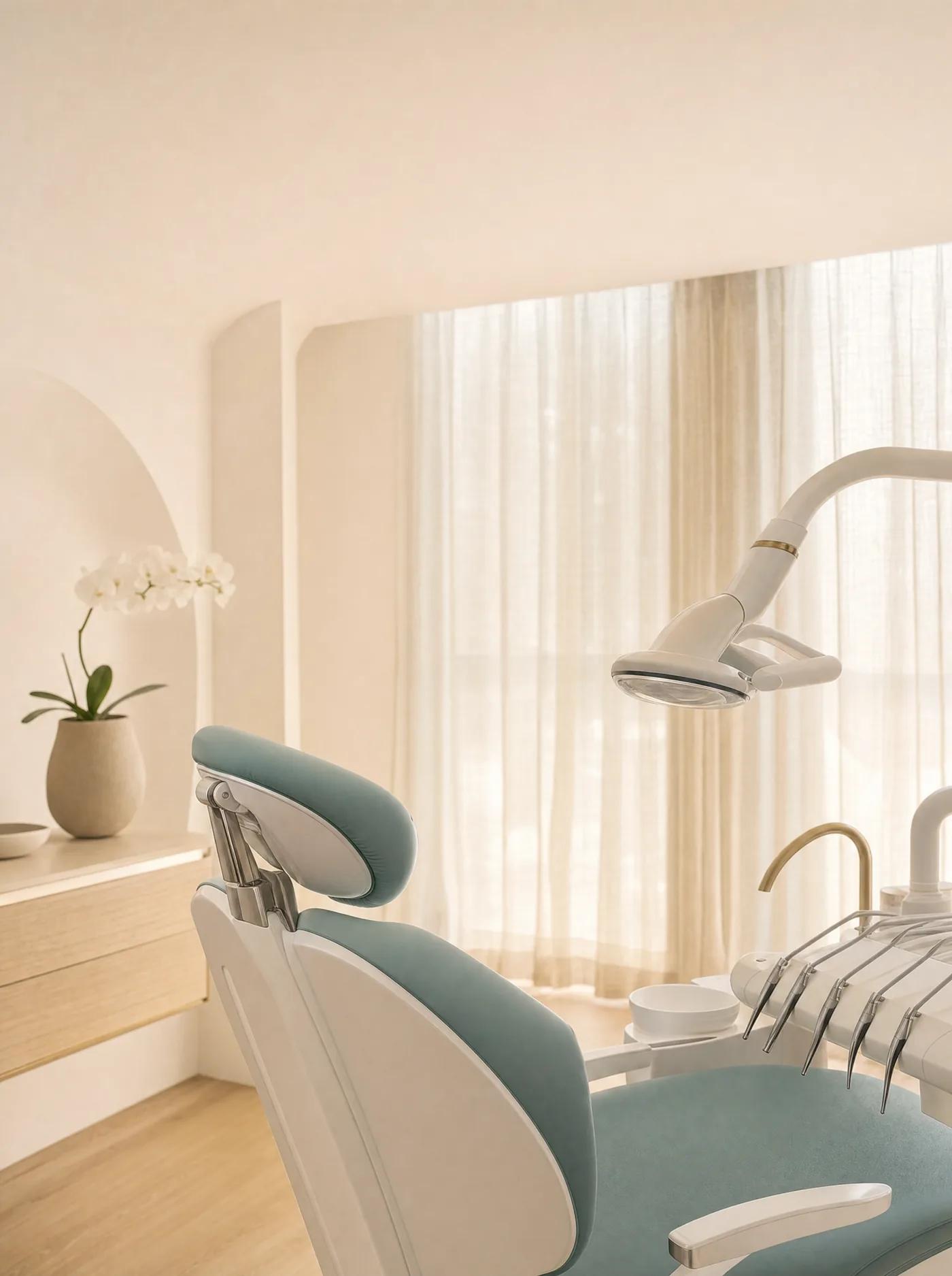 An empty dental treatment room at rest — a pale seafoam chair, an orchid on the counter, daylight through sheer curtains