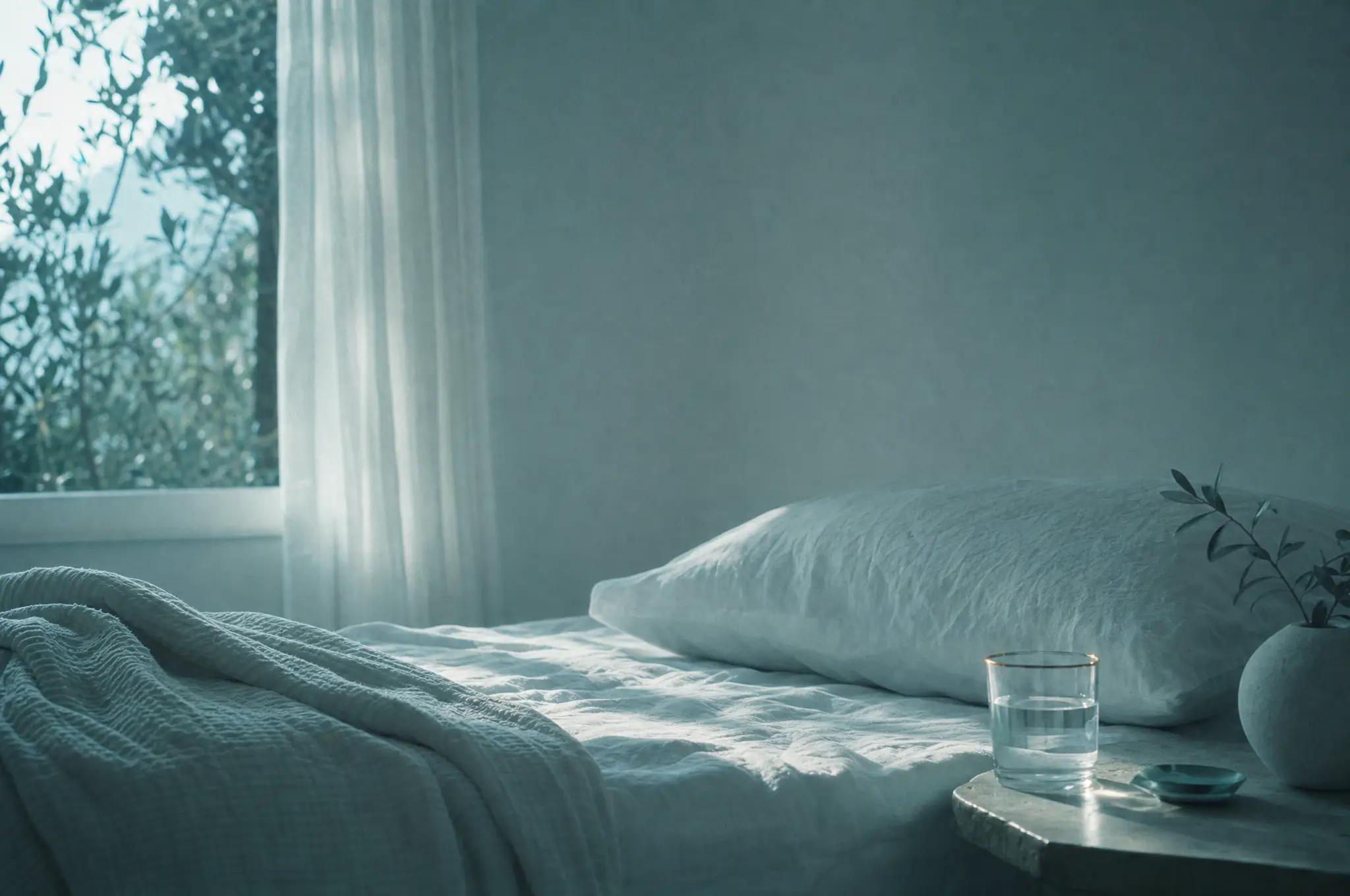A quiet corner set up for the days after an extraction — water, a cold pack and a soft pillow in the clinic’s palette